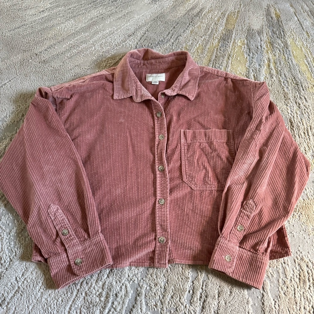 American eagle cropped corduroy button down shirt pink maeve collar pocket small - Picture 5 of 9